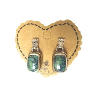 Vintage Sarda Cushion Cut Green Turquoise Dangle Earrings Sterling Silver 925